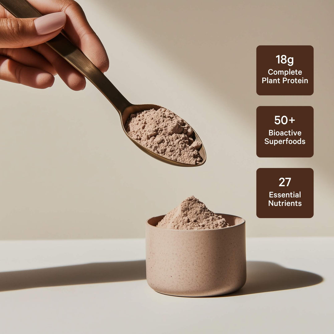 Infographic showcasing meal replacement shake benefits: 18g plant protein, 50+ superfoods, and 27 essential nutrients.