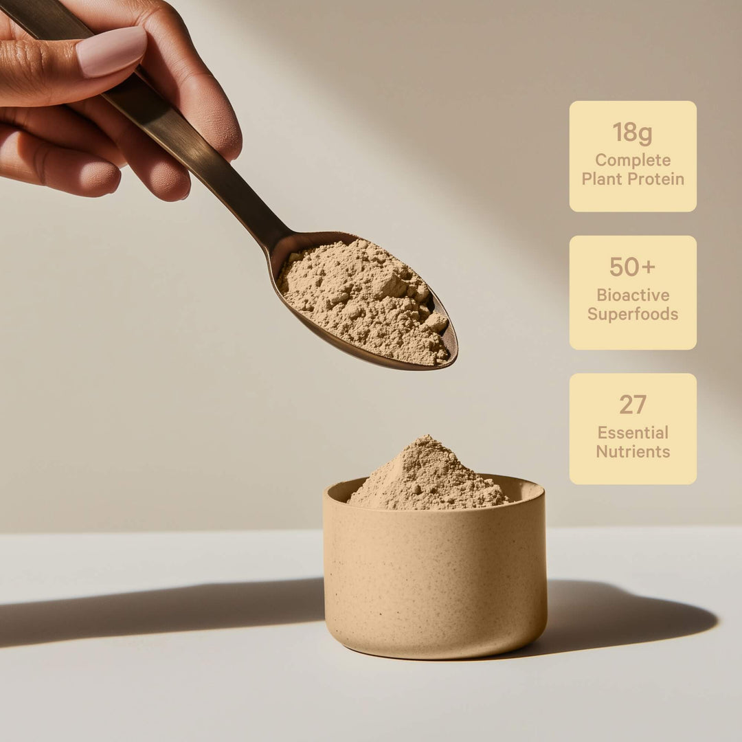 Infographic showcasing meal replacement shake benefits: 18g plant protein, 50+ superfoods, and 27 essential nutrients.