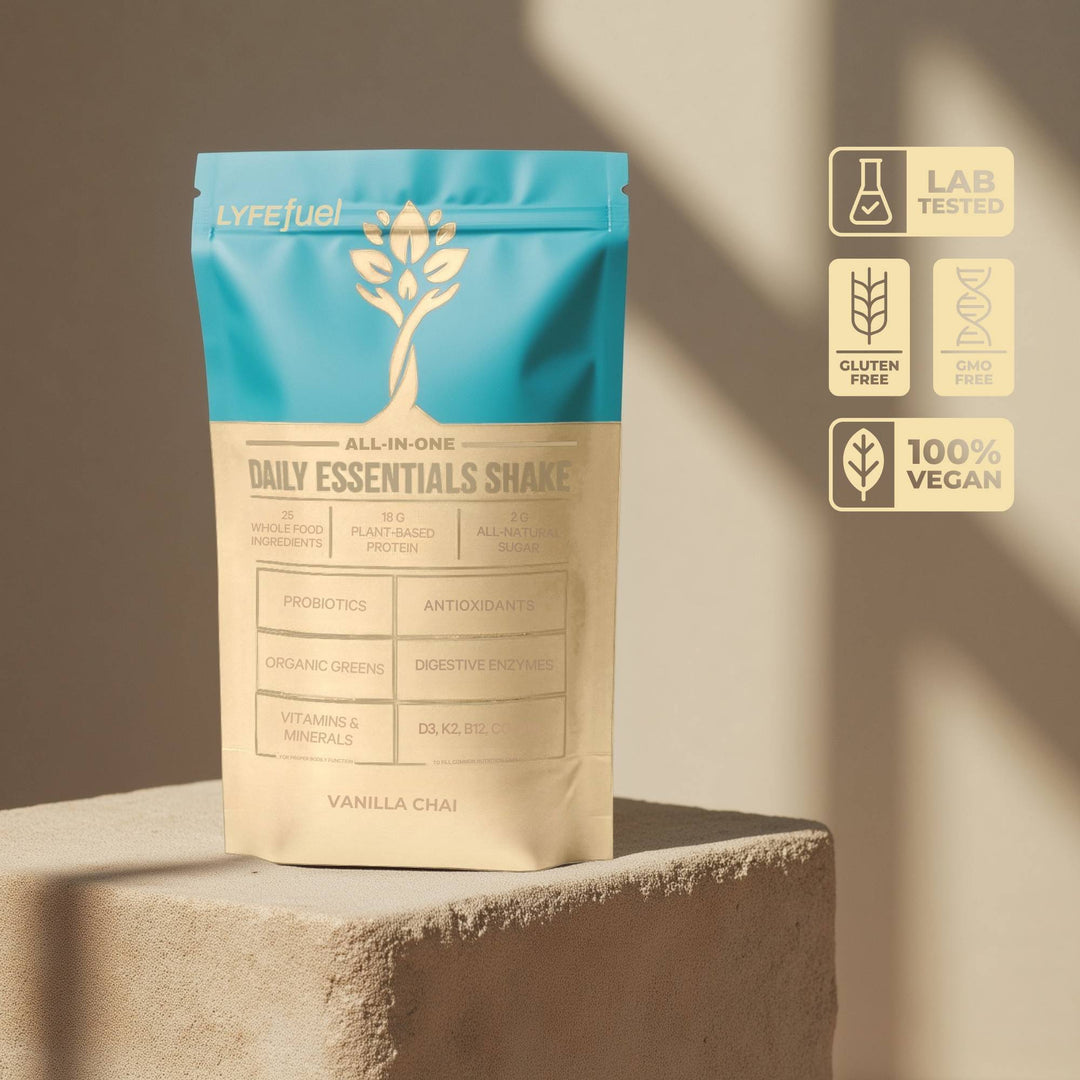 Meal replacement shake with Lab Tested, Gluten Free, GMO Free, and 100% Vegan certifications